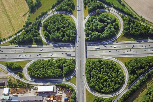 Aerial view, Motorway A1 Maschener Kreuz, shamrock, Lower Saxony, Germany