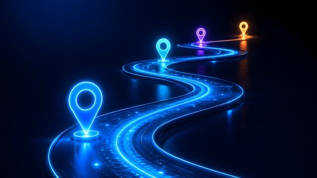 Glowing neon blue winding road with colorful location markers on dark background representing digital roadmap business journey navigation and future milestones.