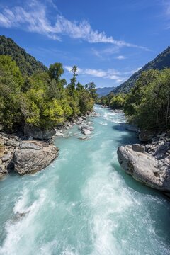 Turquoise blue Rio Blanco river flows through temperate rainforest, Valdivian or northern Patagonian rainforest, Ruta de los Parques, Hornopir&eacute;n, Hualaihu&eacute;, Los Lagos, Patagonia Verde, Chile