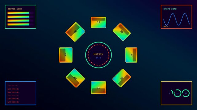 A digital skill matrix interface displays circular hub configurations with glowing nodes and data logs while animated scanning patterns shift across a dark computer screen interface
