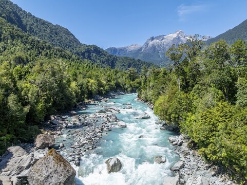 Valle Cholila mountain valley with Rio Blanco river, mountains and landscape near Hornopir&eacute;n, Hornopir&eacute;n National Park, aerial view, Patagonia, Los Lagos, Chile