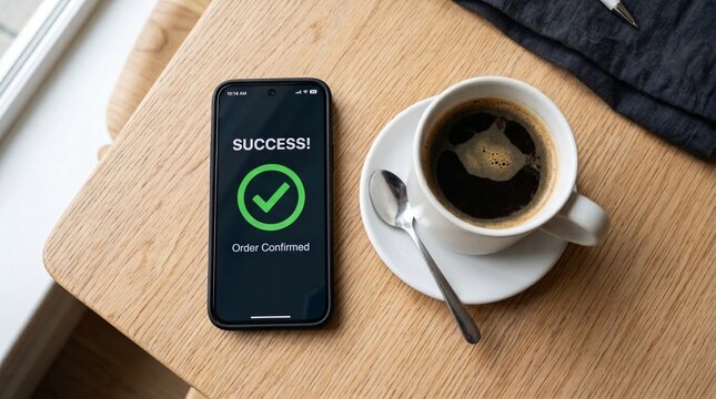 Successful financial transaction confirmation on smartphone screen next to coffee cup, symbolizing year end planning and achievement