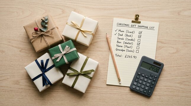 Year End Financial Planning Christmas Gift Shopping List Budgeting and Calculator on Wooden Desk