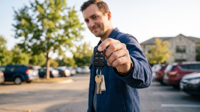 Man holding car keys in parking lot, symbolizing new purchase or end of year financial planning