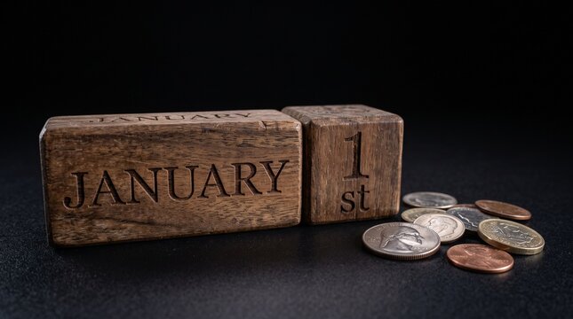 Wooden calendar blocks showing January 1st next to scattered coins symbolizing financial planning and new year budget
