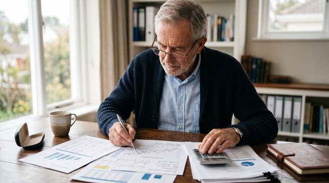Senior man reviewing financial reports and using calculator for year end planning and budgeting at home office