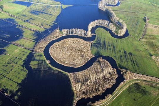 River course of the Schwinge at flood, aerial photo,Stade, Lower Saxony, Germany