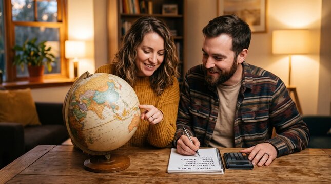 Couple plans year end financial budget for travel destinations using globe and calculator at home
