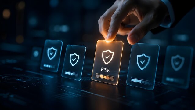 Hand selecting glowing orange risk management shield card on dark digital interface representing security assessment and compliance strategy.
