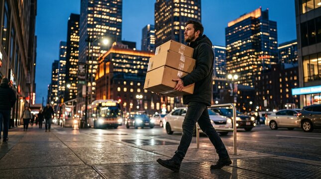 Man carrying packages on city street at dusk, symbolizing year end financial planning and delivery services