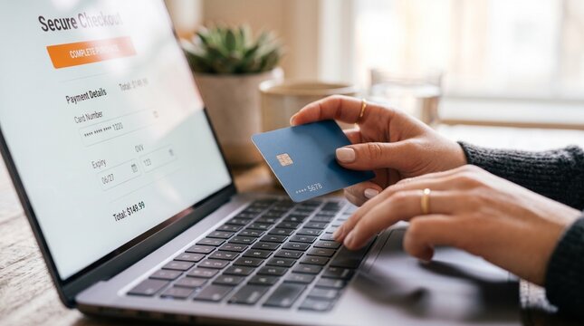 Person using credit card for secure online payment on laptop for year end financial planning and shopping