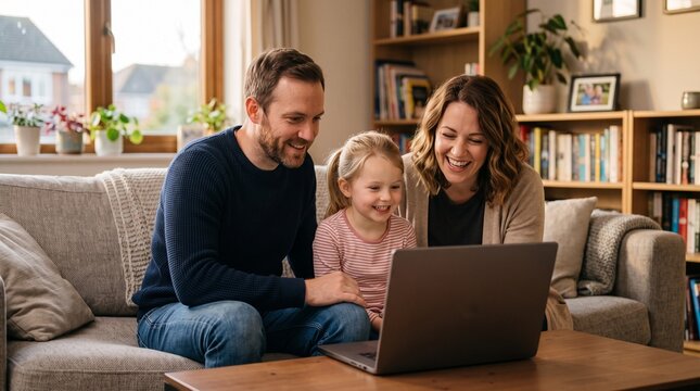 Family joyfully reviews financial documents and plans for year-end savings on laptop at home