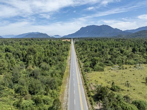 Carretera Austral, Long straight road, aerial view, Hornopir&eacute;n, Patagonia, Los Lagos, Chile