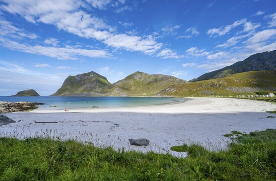 Haukland white sandy beach and green mountains, Vestv&aring;g&oslash;ya, Lofoten, Nordland, Norway