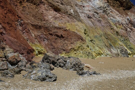 Colourful geological formations on a sandy beach, Paliochori beach, Paliochori, volcanic rock, copper, nickel, mineral salts, volcanic island, Milos, Cyclades, Greek Islands, Greece
