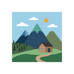 Fototapeta premium Peaceful mountain landscape with a cozy cabin and winding path flat vector illustration