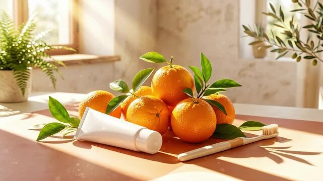 Fresh oranges arranged with toothpaste tube and bamboo toothbrush on wooden table. Natural dental care concept inspired by citrus fruits for healthy teeth and oral hygiene