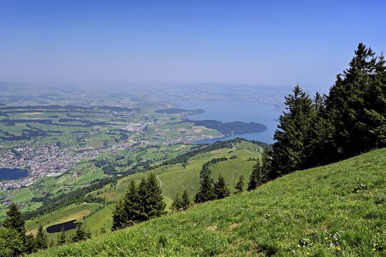View from Rigi Kulm of the village of K&uuml;ssnacht and Lake Zug, Canton of Lucerne, Switzerland