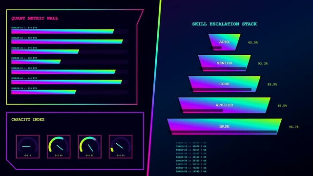 a colorful skill matrix visualization displays dynamic stacked progress bars and gauges with glowing neon gradients on a dark screen representing digital performance tracking metrics