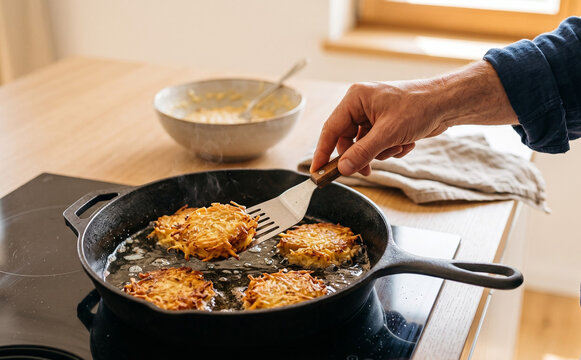 Middle aged caucasian man frying potato latkes in a cast iron skillet on a kitchen stove for Hanukkah celebration