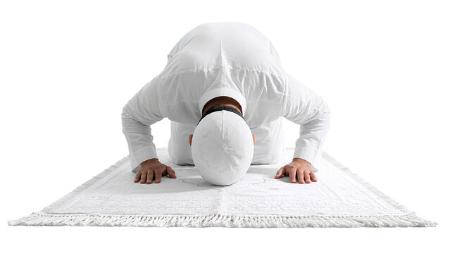 Muslim Man Performing Sujood Prayer on Islamic Prayer Mat Isolated on Transparent Background