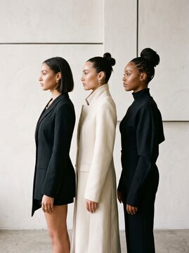 Three professional women in stylish winter coats standing confidently against a plain wall