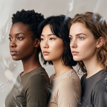 Diverse women with natural skin and wet hair, beauty portrait of three young models.