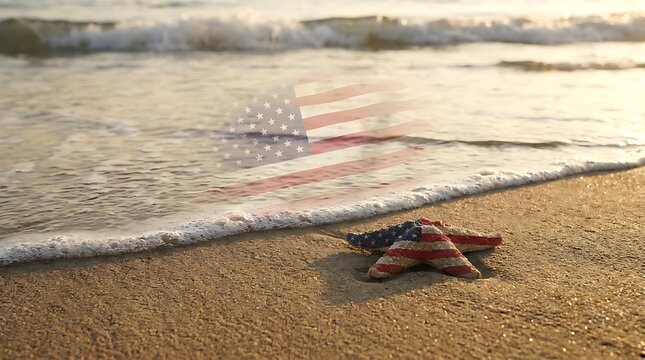 Starfish with flag pattern on sandy beach