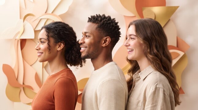 Diverse group of young adults smiling together against a modern abstract paper art background