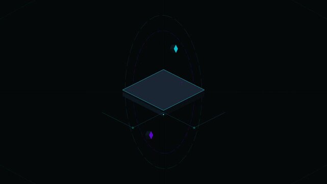 Futuristic Isometric Digital Platform with Glowing Cyan Outlines and Orbiting Elements