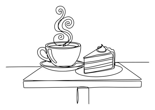 Hot coffee cup and slice of cake on table continuous line art. Minimalist morning breakfast or cafe break concept with steaming beverage and dessert vector.