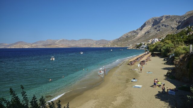 Massouri, an almost deserted beach with sea views and gentle mountain terrain, Kalymnos, Sponge Diving Island, Dodecanese, Greek Islands, Greece