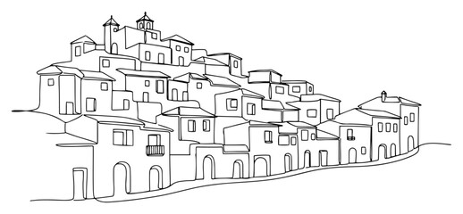 Fototapeta premium Hilltop Mediterranean village with old stone houses continuous line art. Traditional Italian or Spanish mountain town cityscape minimalist vector illustration.