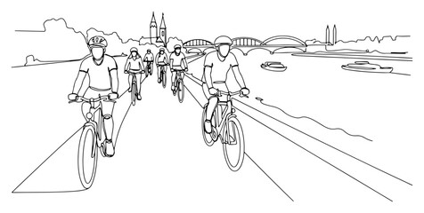 Obraz premium Group of cyclists riding bikes on path along river with bridge and city background continuous line art. Active lifestyle and urban cycling concept vector illustration.