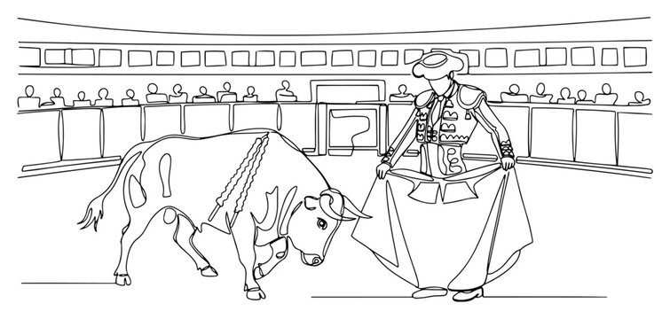 Spanish bullfighting matador and bull in arena continuous line art. Traditional bullfight spectacle in Spain stadium minimalist vector illustration.