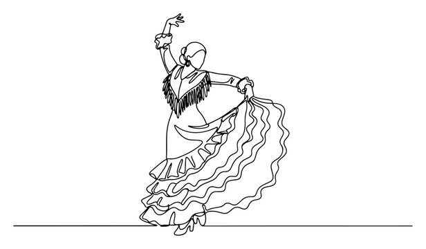 Flamenco dancer woman in traditional spanish dress continuous line art. Elegant female performer dancing in long ruffled skirt minimalist vector illustration.