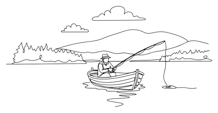 Fisherman in small boat fishing on lake with mountains and forest background continuous line art. Outdoor hobby and relaxation in nature minimalist vector illustration.