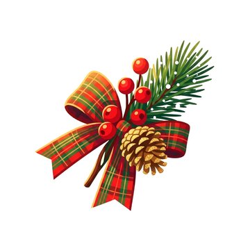 High-quality festive vector illustration of a Christmas decoration featuring a red and green plaid tartan bow, a golden pinecone, snow-dusted pine needles, and red holly berries, isolated on white bac