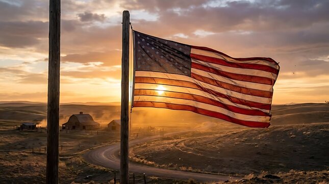 American flag waving on flagpole at sunset in rural landscape