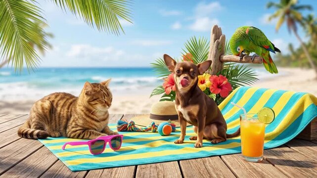 Tabby cat and chihuahua relaxing on striped beach towel with parrot. Tropical pets vacation scene. Summer fun and relaxation concept for animal lovers