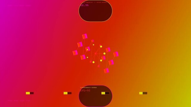 A glowing skill matrix visualizes complex digital network structures with floating geometric nodes and shifting nodes against a vibrant gradient of warm orange and magenta hues