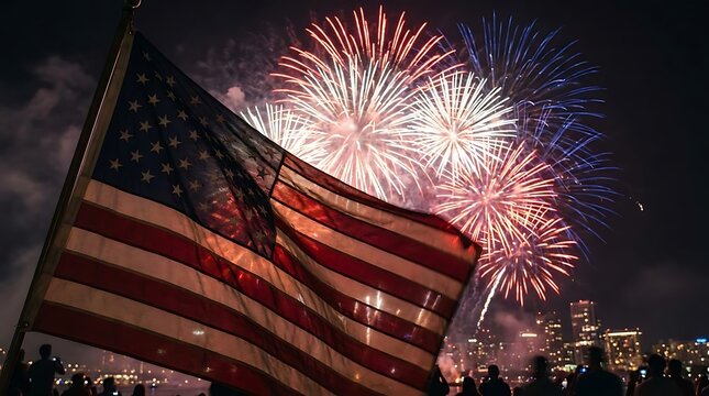 American flag with fireworks over city skyline