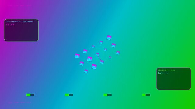 A glowing skill matrix interface displays dynamic geometric shapes and floating data panels that pulse with vibrant neon gradients across a digital computer display screen interface