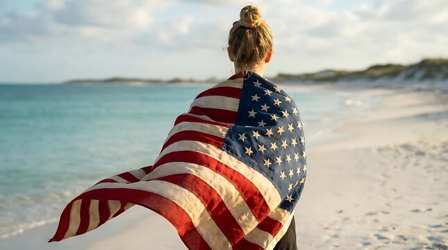 Woman wrapped in American flag on beach