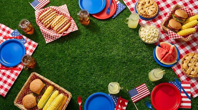 Barbecue picnic food and American flags on grass