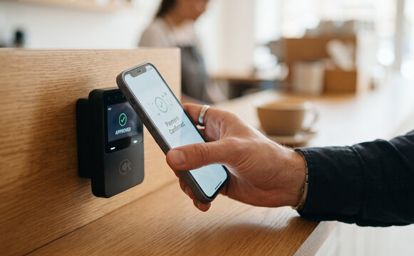 Contactless mobile payment with smartphone at cafe counter terminal by male customer