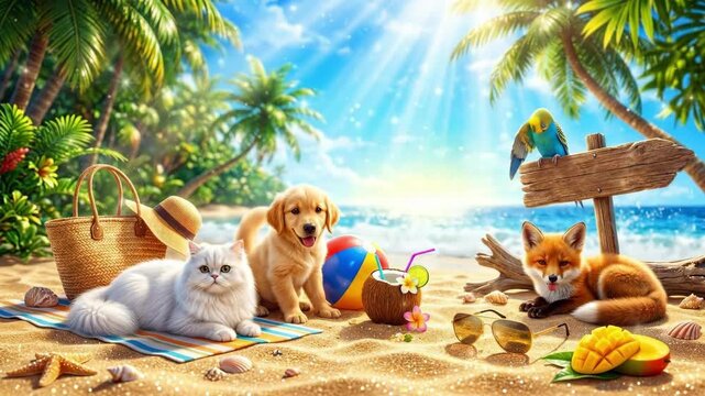 White persian cat and golden retriever puppy relaxing on beach towel. Red fox lying nearby with blue parakeet on signpost. Tropical summer vacation scene with palm trees ocean coconut drink and mango