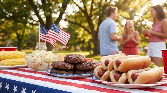 BBQ food on American flag tablecloth at park picnic