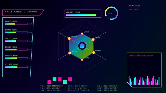 A digital skill matrix interface displays dynamic data visualizations featuring glowing hexagonal radar charts with neon colored graphical elements pulsing on a dark deep purple software screen