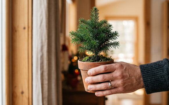 Man holding a small potted pine tree indoors representing holiday preparation and eco friendly christmas celebration